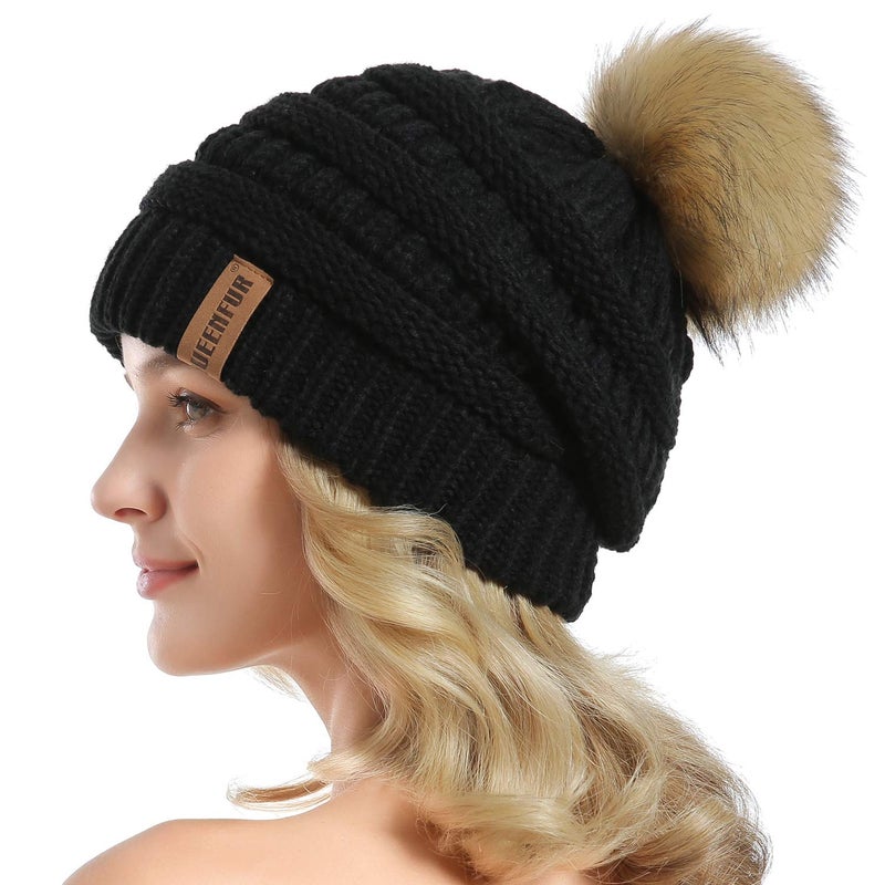 QUEENFUR Women Knit Slouchy Beanie Chunky Baggy Hat with Faux Fur Pompom Winter Soft Warm Ski Cap - Image 1